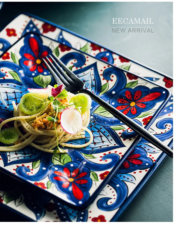 EECAMAIL Creative Hand-painted Ceramic Tableware Boho Flat Plate Pasta Dish Steak Plate Salad Plate Western Dish Underglaze