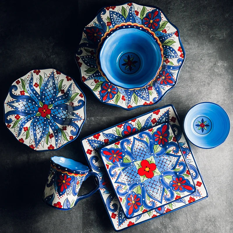 EECAMAIL Creative Hand-painted Ceramic Tableware Boho Flat Plate Pasta Dish Steak Plate Salad Plate Western Dish Underglaze