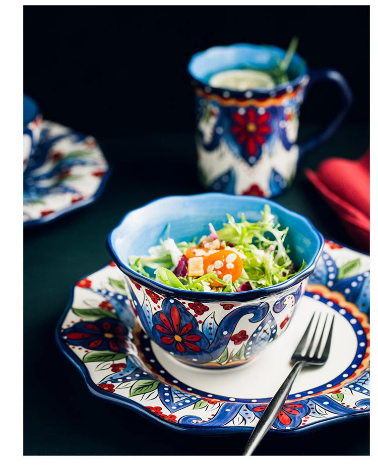 EECAMAIL Creative Hand-painted Ceramic Tableware Boho Flat Plate Pasta Dish Steak Plate Salad Plate Western Dish Underglaze