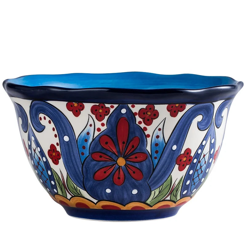 EECAMAIL Creative Hand-painted Ceramic Tableware Boho Flat Plate Pasta Dish Steak Plate Salad Plate Western Dish Underglaze