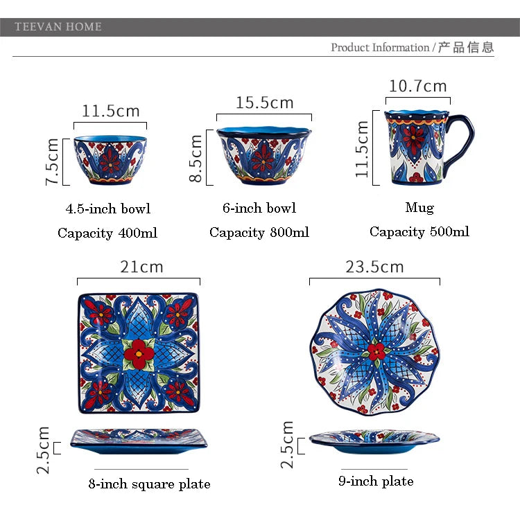 EECAMAIL Creative Hand-painted Ceramic Tableware Boho Flat Plate Pasta Dish Steak Plate Salad Plate Western Dish Underglaze