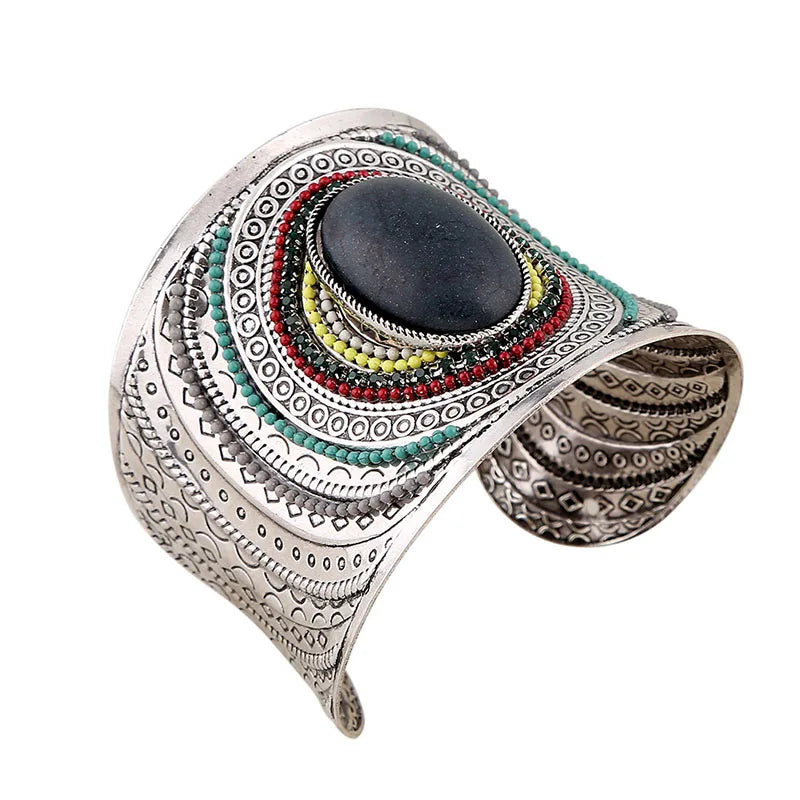 Colorful Natural Oval Wide Cuff Bracelets Charming Big Bangles Bohemian Tibetan Bracelet Enamel Jewelry For Women