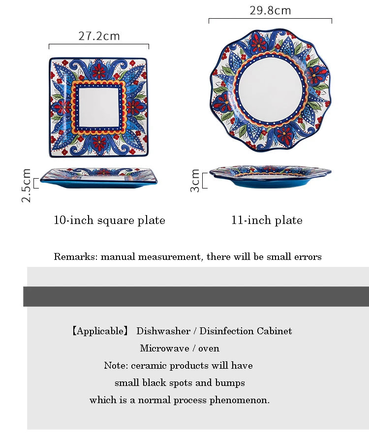 EECAMAIL Creative Hand-painted Ceramic Tableware Boho Flat Plate Pasta Dish Steak Plate Salad Plate Western Dish Underglaze