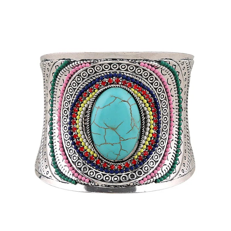 Colorful Natural Oval Wide Cuff Bracelets Charming Big Bangles Bohemian Tibetan Bracelet Enamel Jewelry For Women