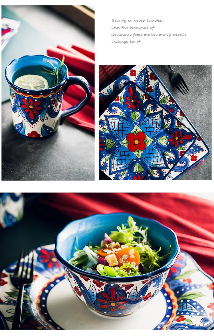 EECAMAIL Creative Hand-painted Ceramic Tableware Boho Flat Plate Pasta Dish Steak Plate Salad Plate Western Dish Underglaze