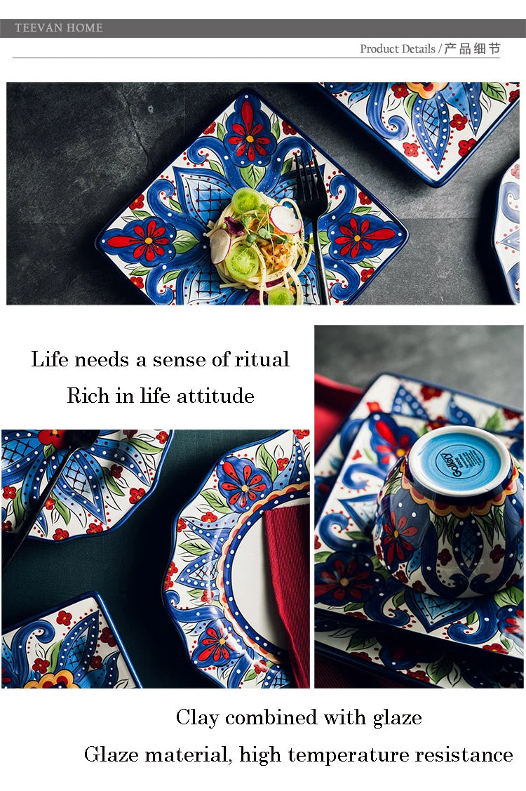 EECAMAIL Creative Hand-painted Ceramic Tableware Boho Flat Plate Pasta Dish Steak Plate Salad Plate Western Dish Underglaze
