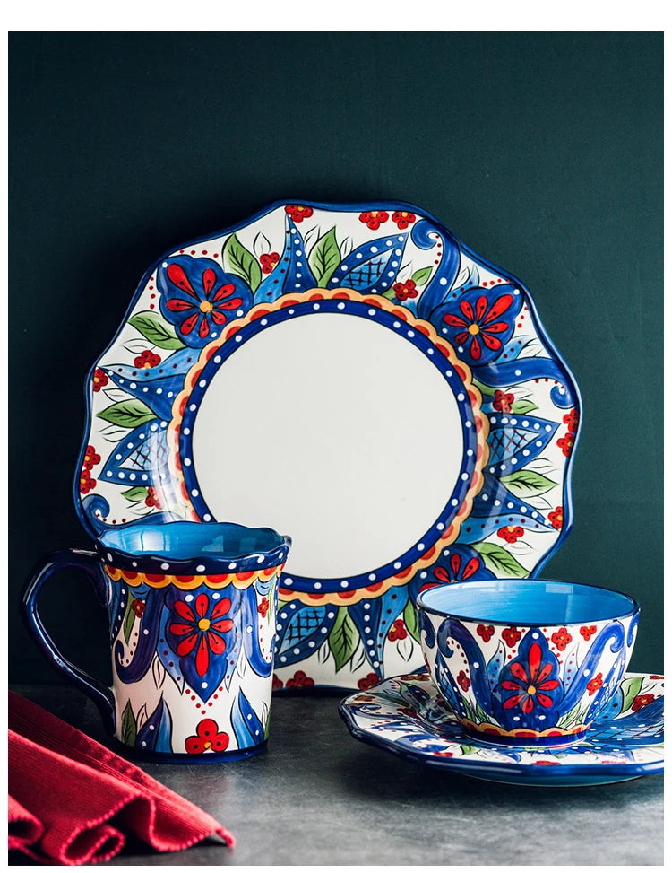 EECAMAIL Creative Hand-painted Ceramic Tableware Boho Flat Plate Pasta Dish Steak Plate Salad Plate Western Dish Underglaze