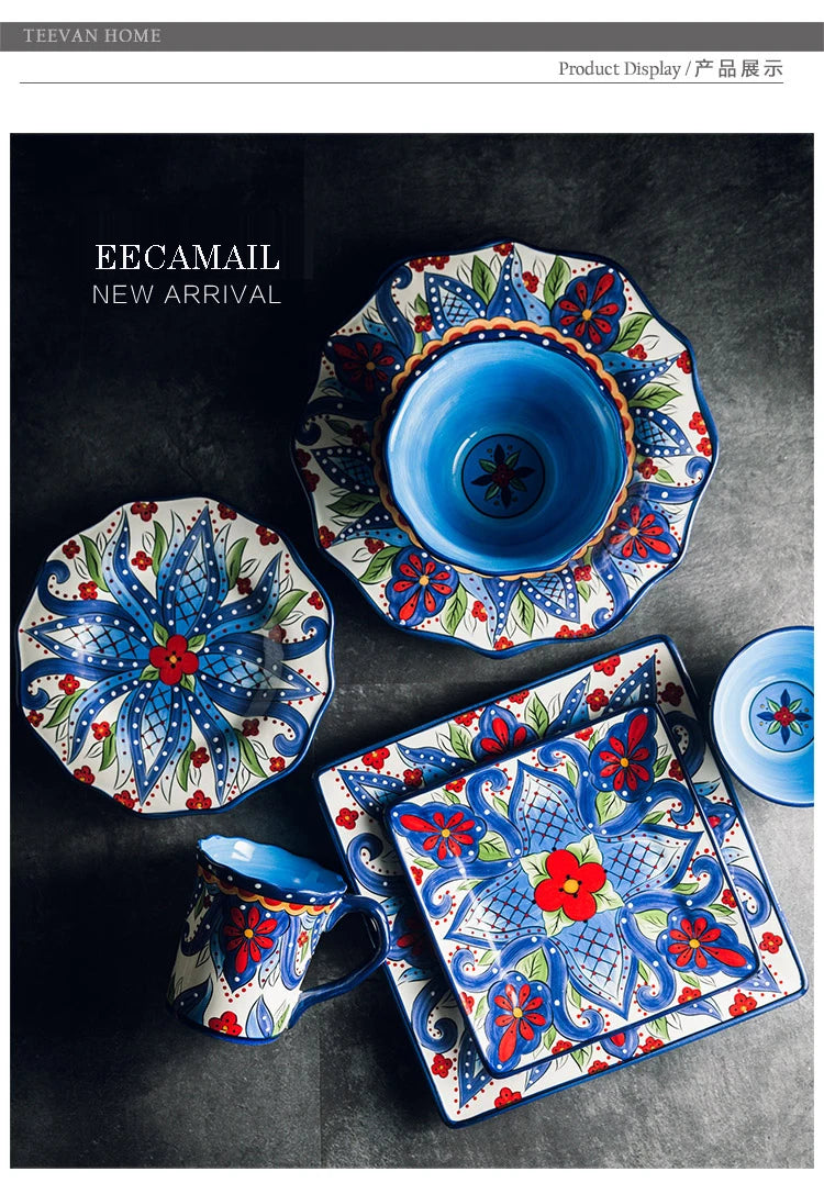 EECAMAIL Creative Hand-painted Ceramic Tableware Boho Flat Plate Pasta Dish Steak Plate Salad Plate Western Dish Underglaze