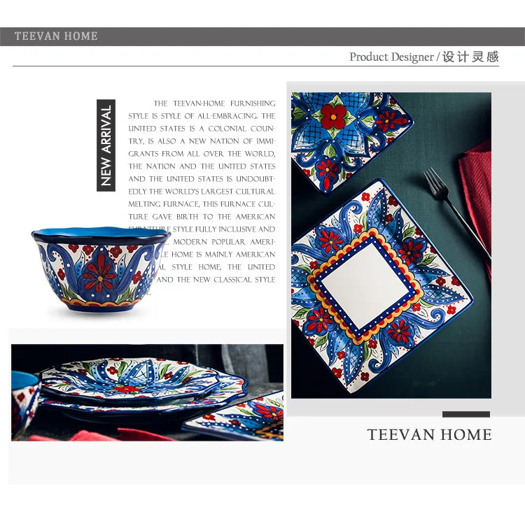 EECAMAIL Creative Hand-painted Ceramic Tableware Boho Flat Plate Pasta Dish Steak Plate Salad Plate Western Dish Underglaze