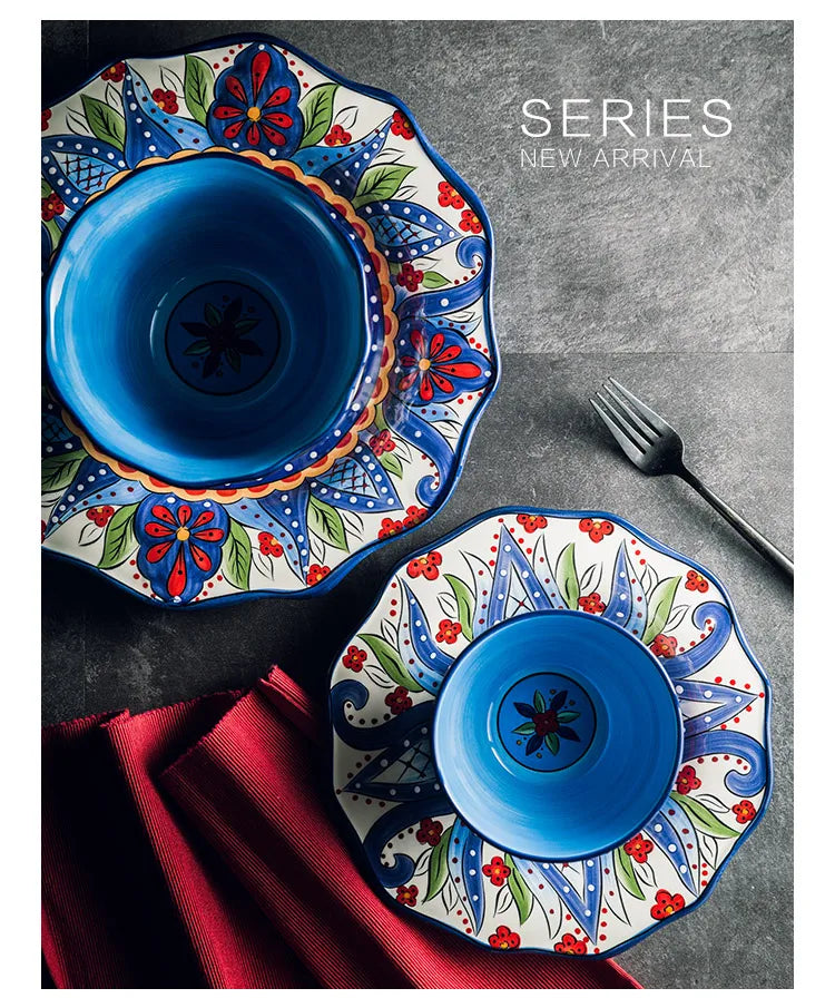 EECAMAIL Creative Hand-painted Ceramic Tableware Boho Flat Plate Pasta Dish Steak Plate Salad Plate Western Dish Underglaze