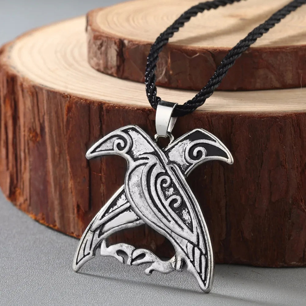 Kinitial Norse Viking Mythology Jewelry Odin's Ravens Pendant Necklace Double Bird Talisman Necklaces Men fashion Jewelry