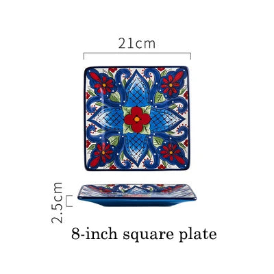 EECAMAIL Creative Hand-painted Ceramic Tableware Boho Flat Plate Pasta Dish Steak Plate Salad Plate Western Dish Underglaze