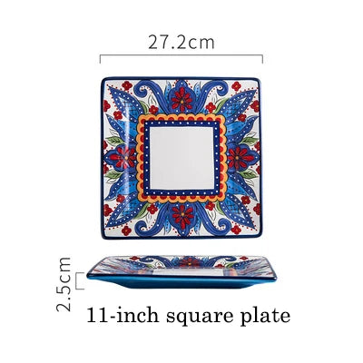 EECAMAIL Creative Hand-painted Ceramic Tableware Boho Flat Plate Pasta Dish Steak Plate Salad Plate Western Dish Underglaze