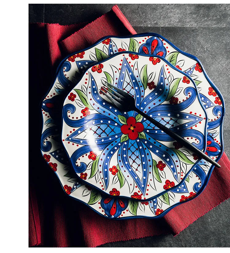 EECAMAIL Creative Hand-painted Ceramic Tableware Boho Flat Plate Pasta Dish Steak Plate Salad Plate Western Dish Underglaze