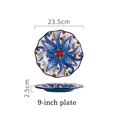 EECAMAIL Creative Hand-painted Ceramic Tableware Boho Flat Plate Pasta Dish Steak Plate Salad Plate Western Dish Underglaze