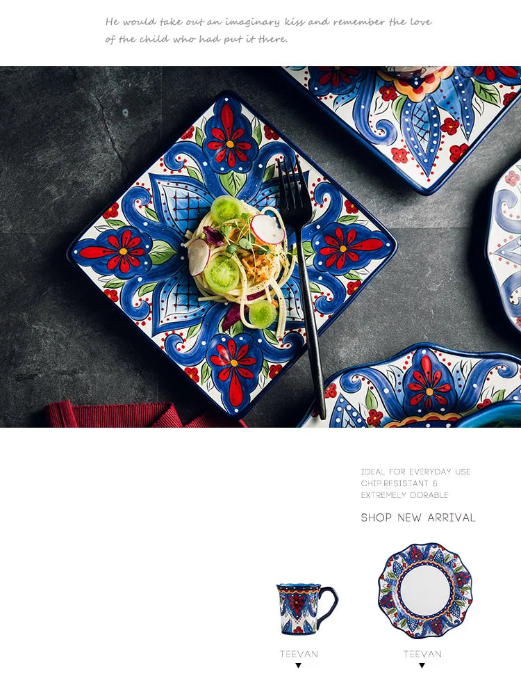 EECAMAIL Creative Hand-painted Ceramic Tableware Boho Flat Plate Pasta Dish Steak Plate Salad Plate Western Dish Underglaze