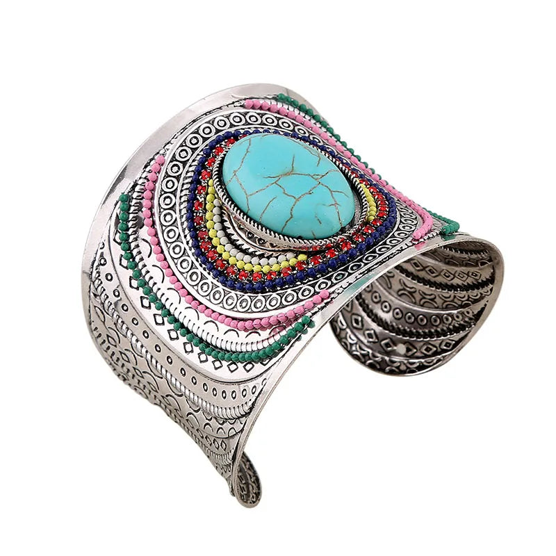 Colorful Natural Oval Wide Cuff Bracelets Charming Big Bangles Bohemian Tibetan Bracelet Enamel Jewelry For Women