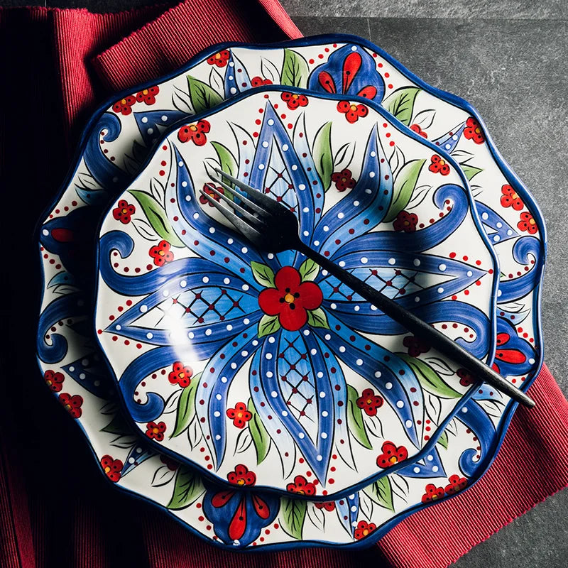 EECAMAIL Creative Hand-painted Ceramic Tableware Boho Flat Plate Pasta Dish Steak Plate Salad Plate Western Dish Underglaze
