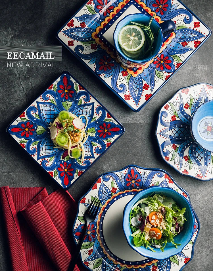 EECAMAIL Creative Hand-painted Ceramic Tableware Boho Flat Plate Pasta Dish Steak Plate Salad Plate Western Dish Underglaze