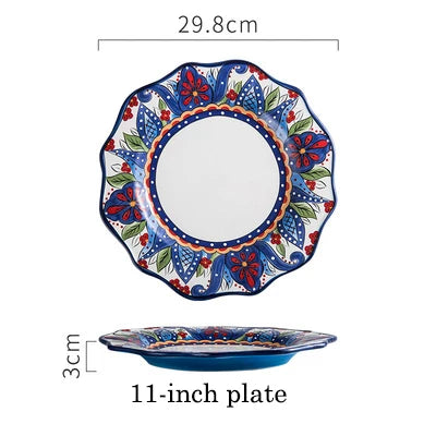 EECAMAIL Creative Hand-painted Ceramic Tableware Boho Flat Plate Pasta Dish Steak Plate Salad Plate Western Dish Underglaze