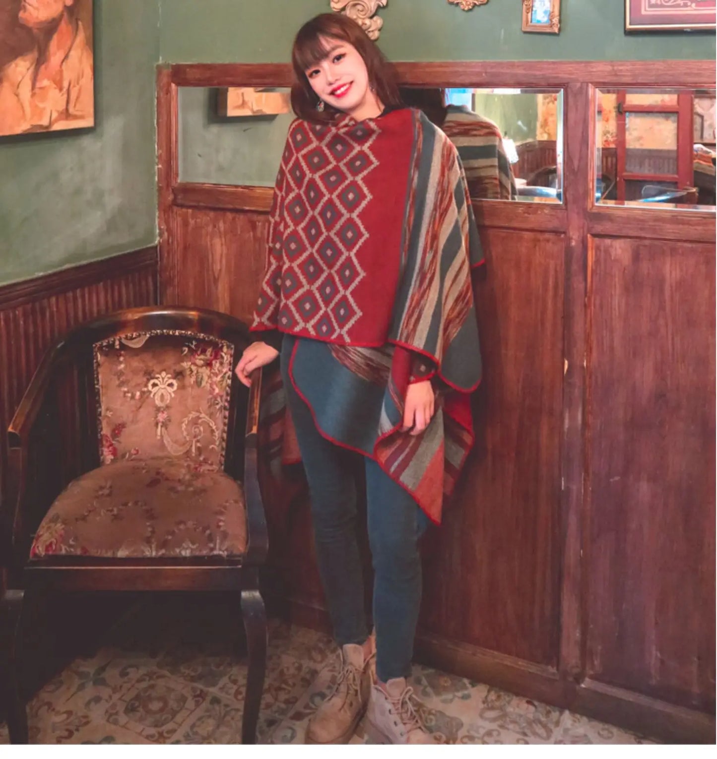 KHALEE YOSE Ethnic Argyle Strapped Cloak Cardigan Vintage Chic Autumn Winter Floral Boho Knited Cape Shawl Poncho Warm Outwear