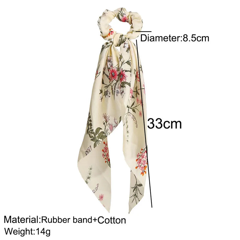 Bohemian Fashion Flower Printed Satin Elastic Long Ribbon Hair Bands Ponytail Scarf Hair Tie Women Scrunchies Hair Accessories