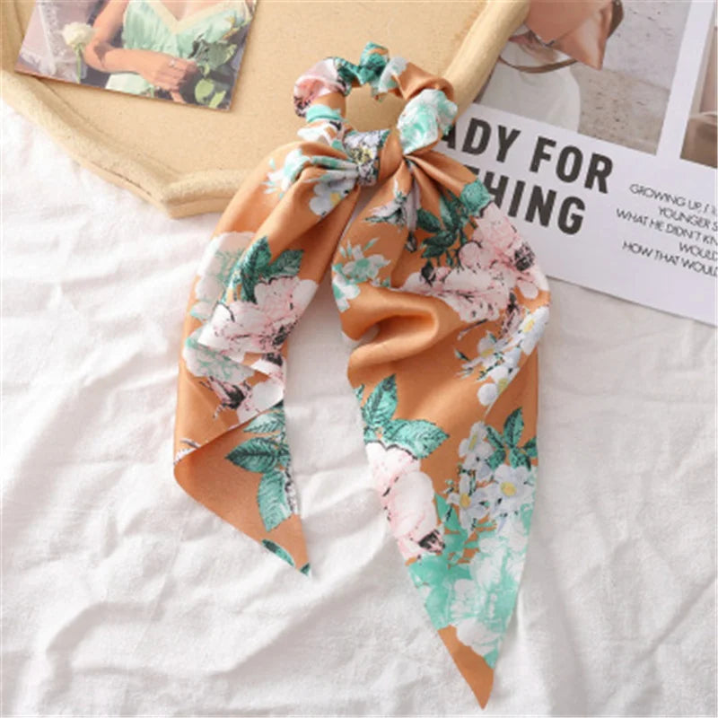 Bohemian Fashion Flower Printed Satin Elastic Long Ribbon Hair Bands Ponytail Scarf Hair Tie Women Scrunchies Hair Accessories