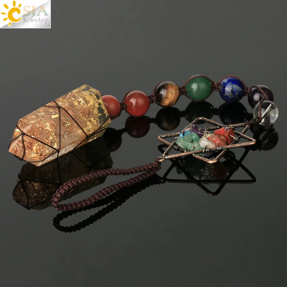 CSJA 7 Chakra Car Hanging Accessories for Mirror Hexagram Tree of Life Chip Crystal Beads Door Window Ornaments Feng Shui G707