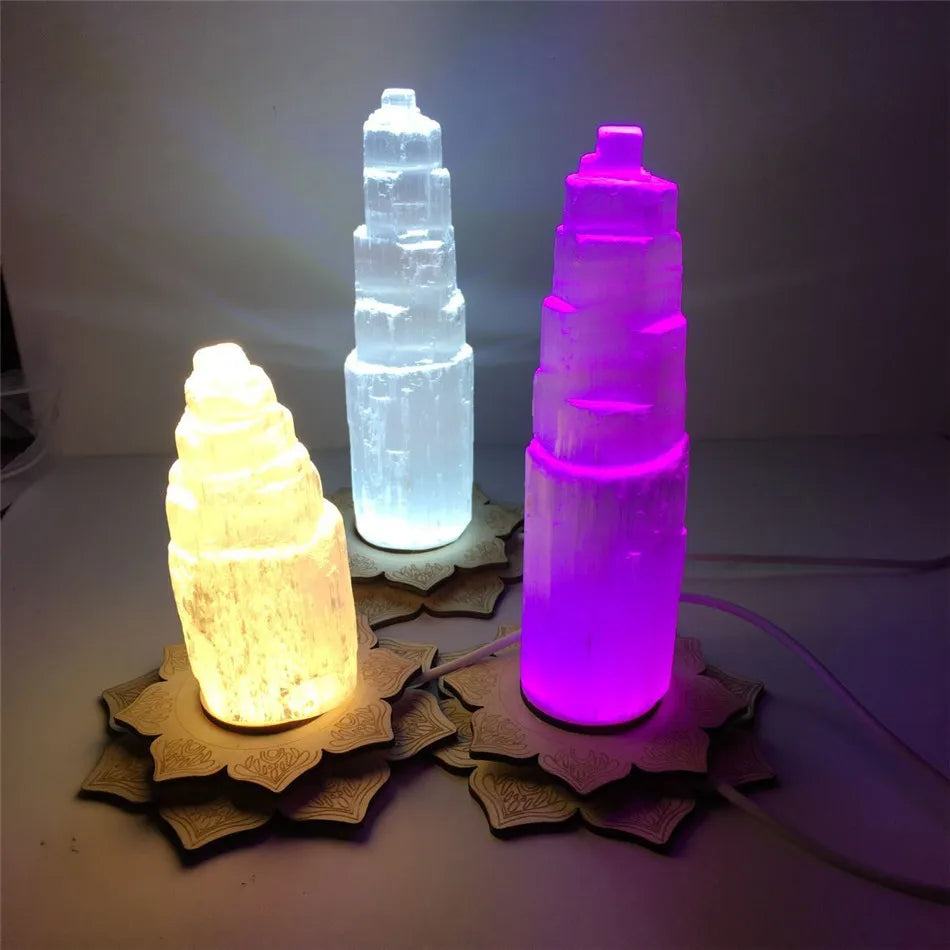 Natural Quartz Crystal Selenite Tower Lotus Lamp Gypsum Castle Reiki Healing Home Decor Mineral Specimen