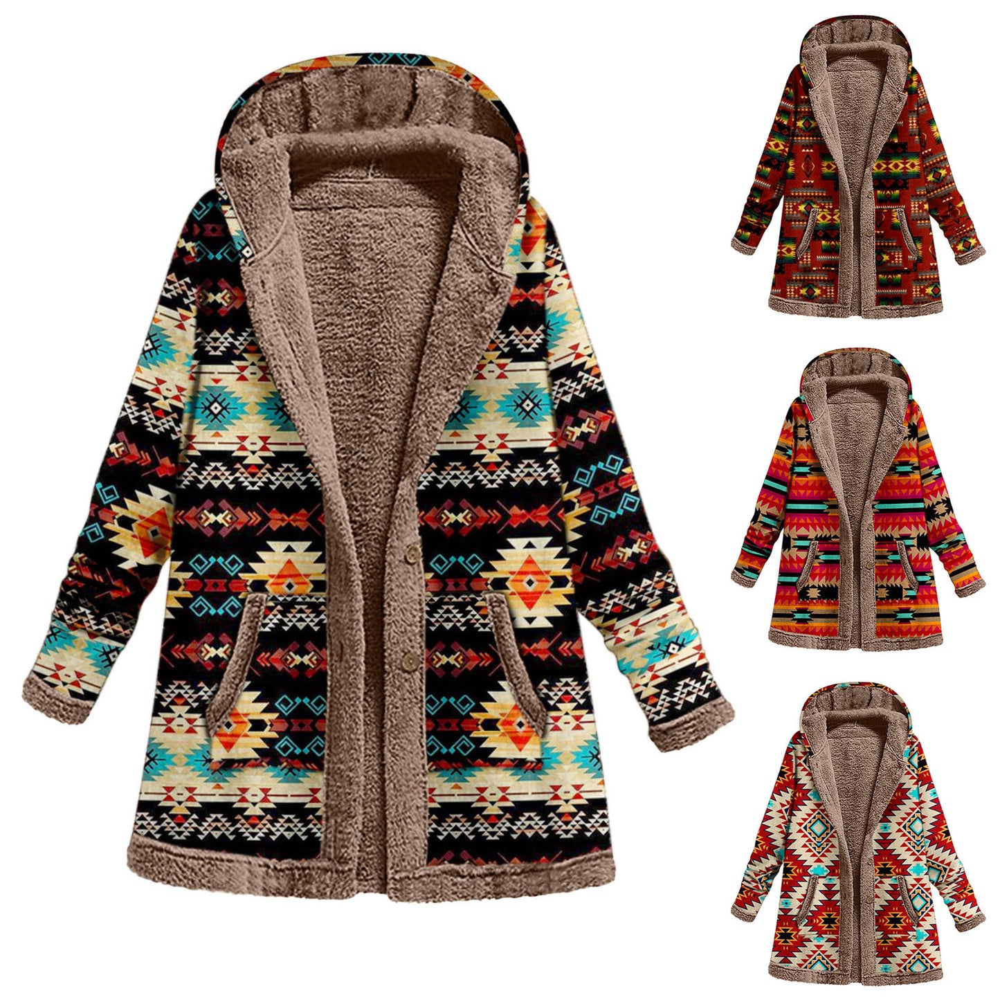 Women Winter Warm Coat Casual Patchwork Female Long Sleeve Hooded Outwear Fashion Streetwear Lady Clothes Loose Boho Jacket
