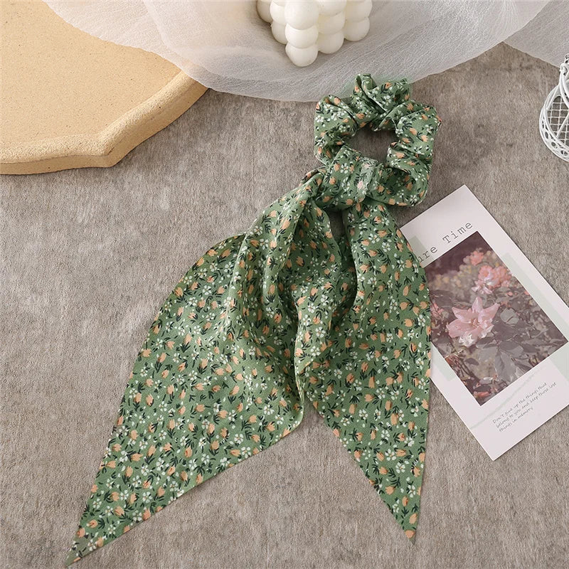 Bohemian Fashion Flower Printed Satin Elastic Long Ribbon Hair Bands Ponytail Scarf Hair Tie Women Scrunchies Hair Accessories