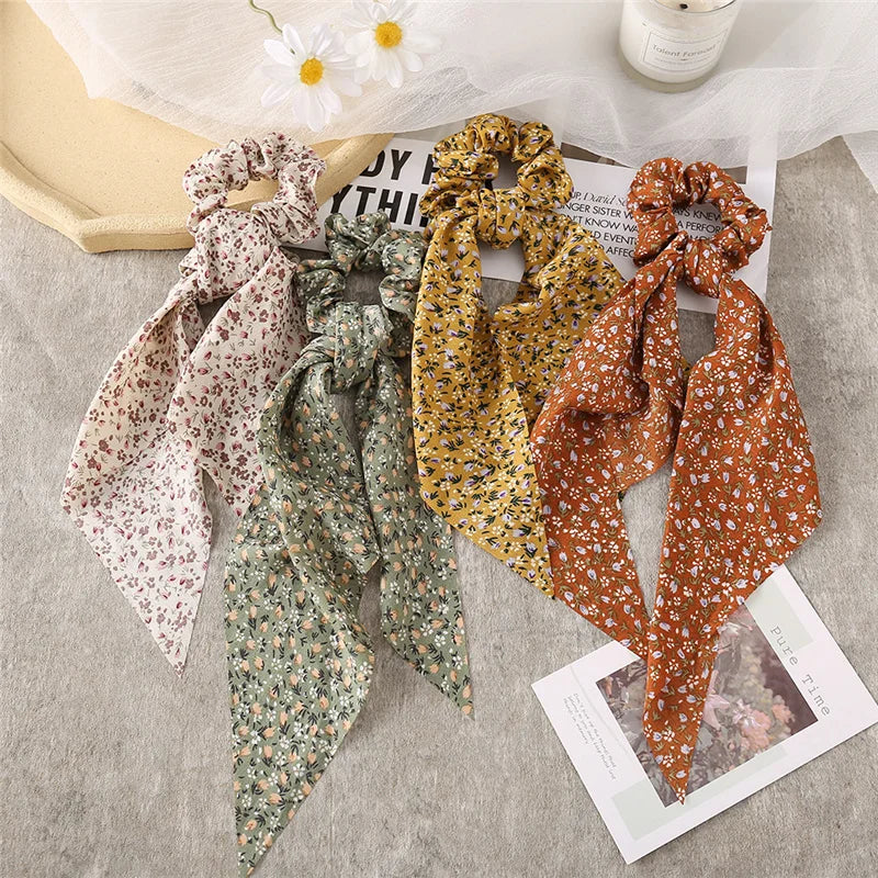 Bohemian Fashion Flower Printed Satin Elastic Long Ribbon Hair Bands Ponytail Scarf Hair Tie Women Scrunchies Hair Accessories