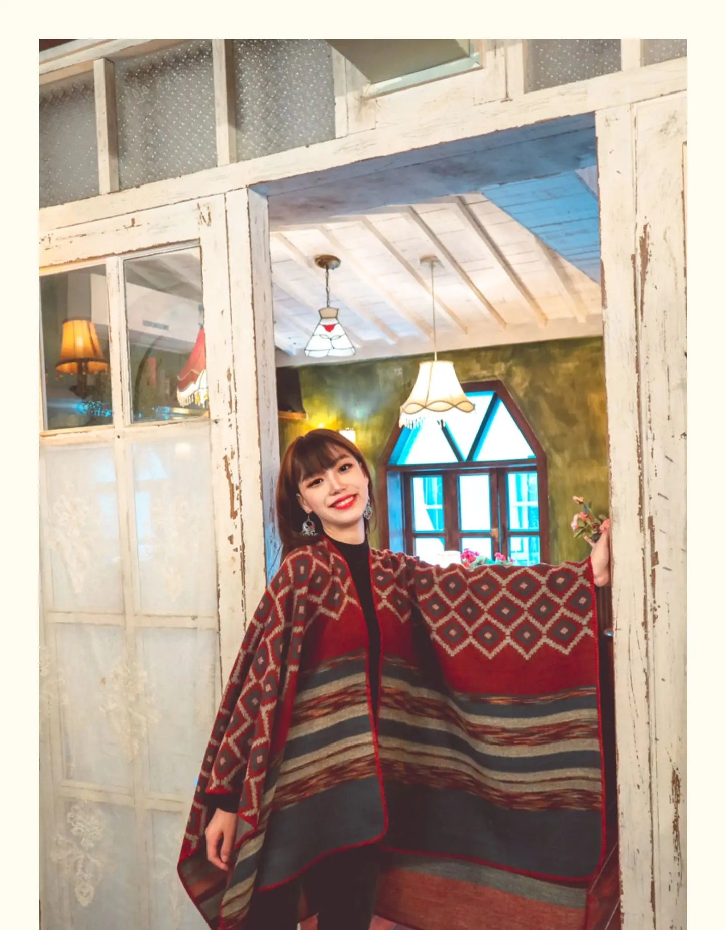 KHALEE YOSE Ethnic Argyle Strapped Cloak Cardigan Vintage Chic Autumn Winter Floral Boho Knited Cape Shawl Poncho Warm Outwear