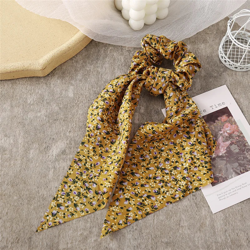 Bohemian Fashion Flower Printed Satin Elastic Long Ribbon Hair Bands Ponytail Scarf Hair Tie Women Scrunchies Hair Accessories
