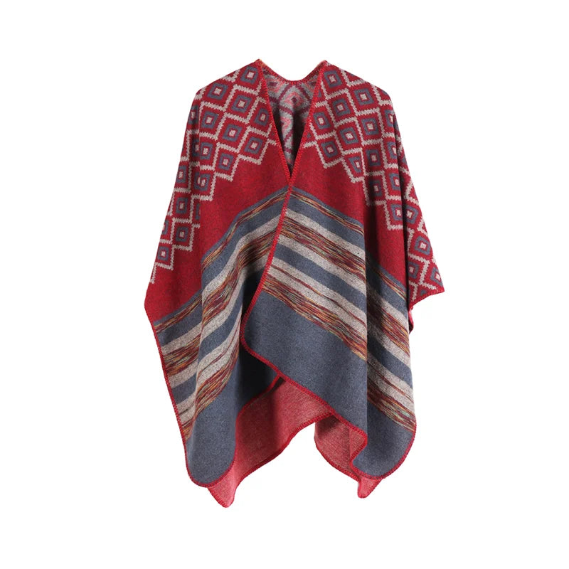 KHALEE YOSE Ethnic Argyle Strapped Cloak Cardigan Vintage Chic Autumn Winter Floral Boho Knited Cape Shawl Poncho Warm Outwear