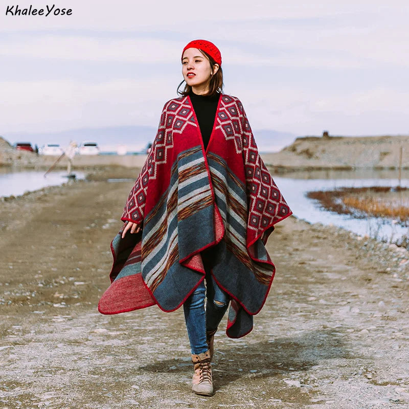 KHALEE YOSE Ethnic Argyle Strapped Cloak Cardigan Vintage Chic Autumn Winter Floral Boho Knited Cape Shawl Poncho Warm Outwear