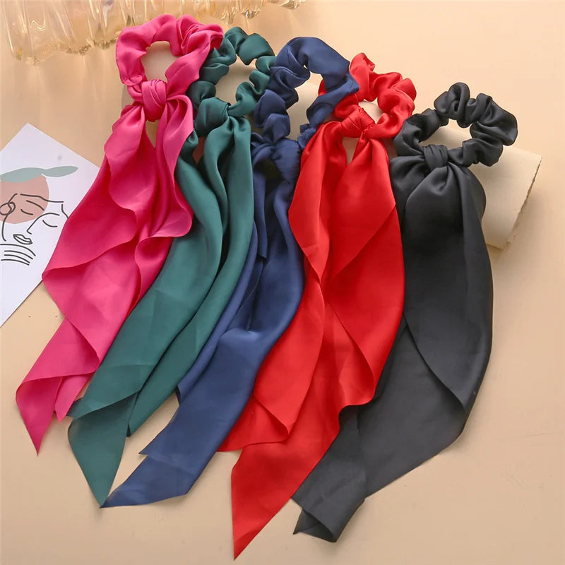 Bohemian Fashion Flower Printed Satin Elastic Long Ribbon Hair Bands Ponytail Scarf Hair Tie Women Scrunchies Hair Accessories