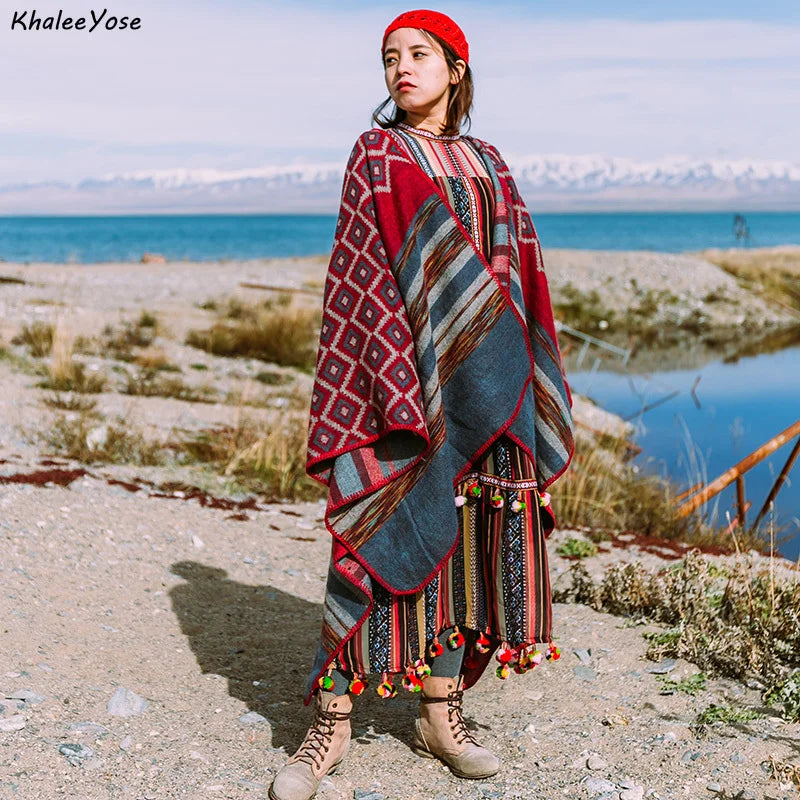 KHALEE YOSE Ethnic Argyle Strapped Cloak Cardigan Vintage Chic Autumn Winter Floral Boho Knited Cape Shawl Poncho Warm Outwear