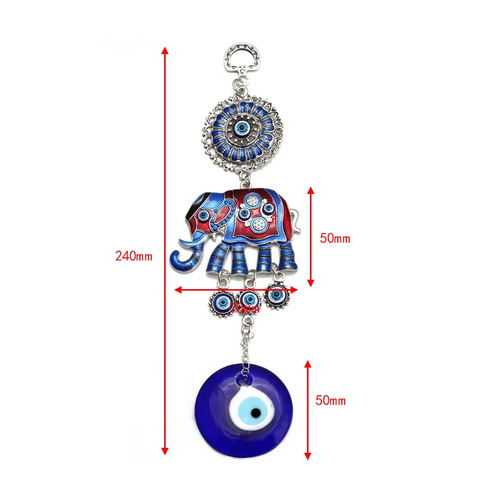 Lucky Eye Alloy Elephant Glass Blue Turkish Evil Eye Pendant Charm Wall Hanging Decorations for Home Living Room Car BE230