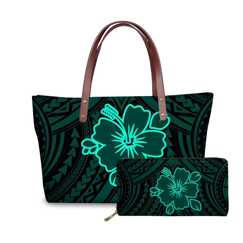 Binienty 2021 Luxury Brand Design Handbags Women Boho Flower Printing 2pcs/set Hand Bag & Wallet Female Top-Handle Bag Beach Bag