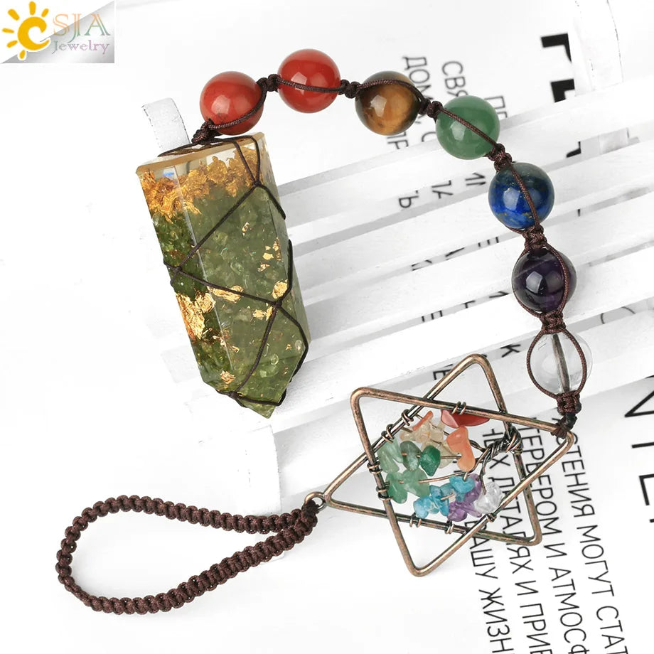 CSJA 7 Chakra Car Hanging Accessories for Mirror Hexagram Tree of Life Chip Crystal Beads Door Window Ornaments Feng Shui G707