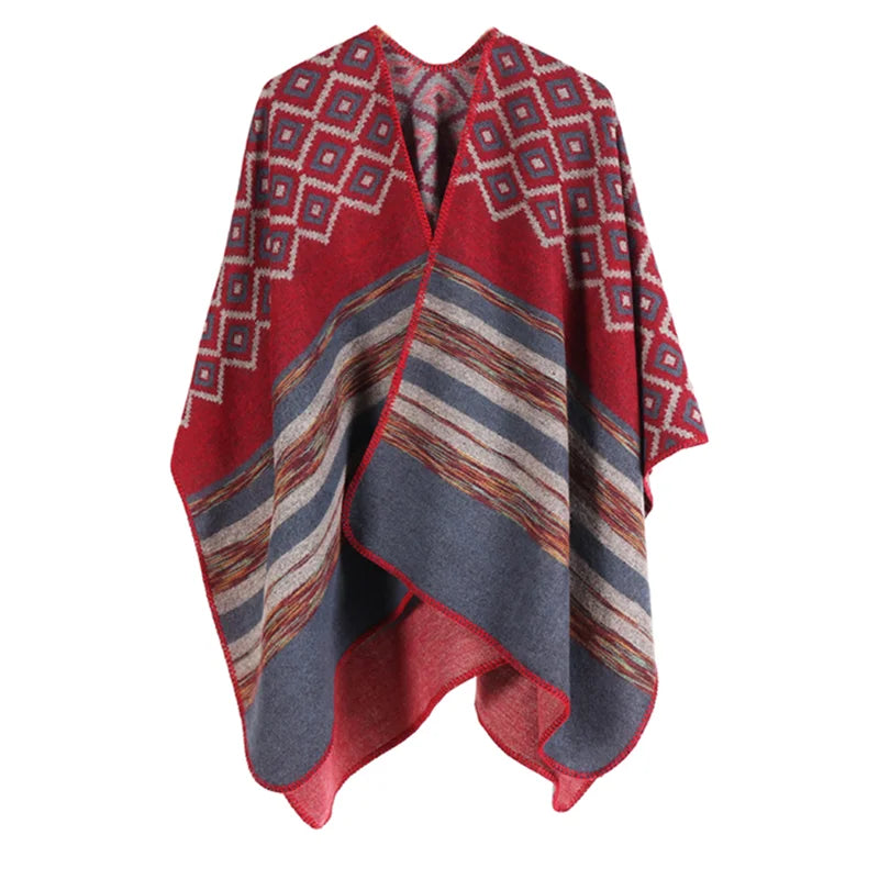 KHALEE YOSE Ethnic Argyle Strapped Cloak Cardigan Vintage Chic Autumn Winter Floral Boho Knited Cape Shawl Poncho Warm Outwear