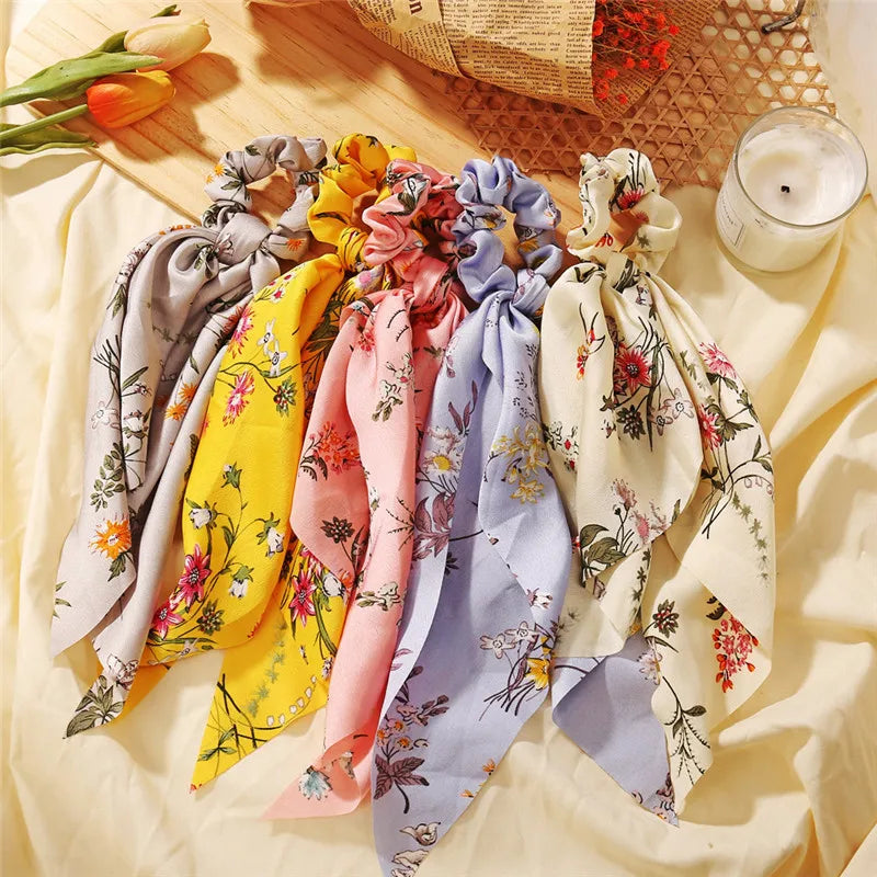 Bohemian Fashion Flower Printed Satin Elastic Long Ribbon Hair Bands Ponytail Scarf Hair Tie Women Scrunchies Hair Accessories
