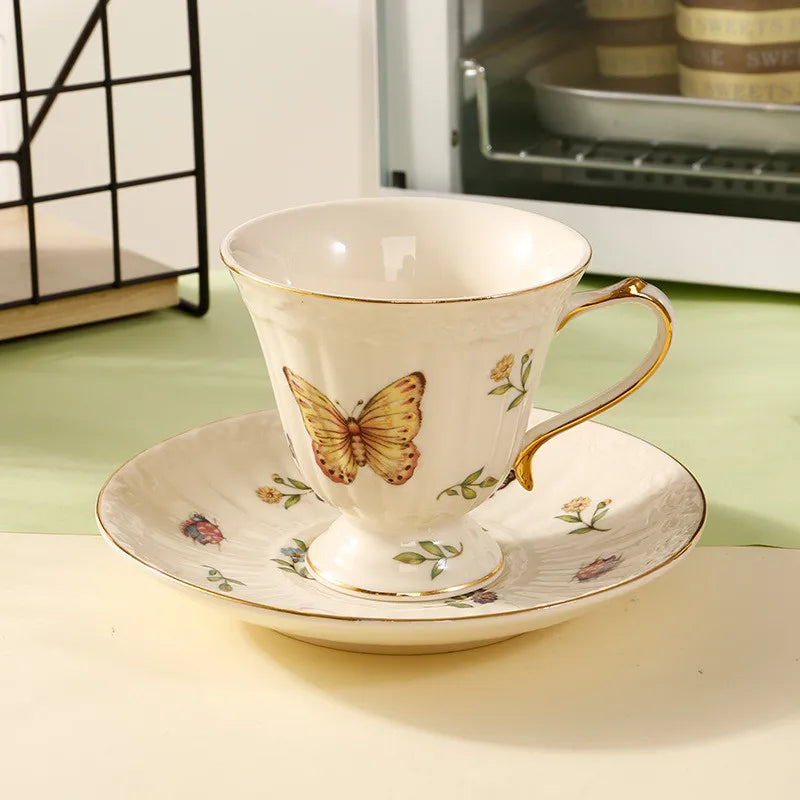 800ML Turkish Retro Ceramic Afternoon Tea Pot Set Palace Style Butterfly Flower Gold Rim English Teapot Coffee Cup Saucer Home