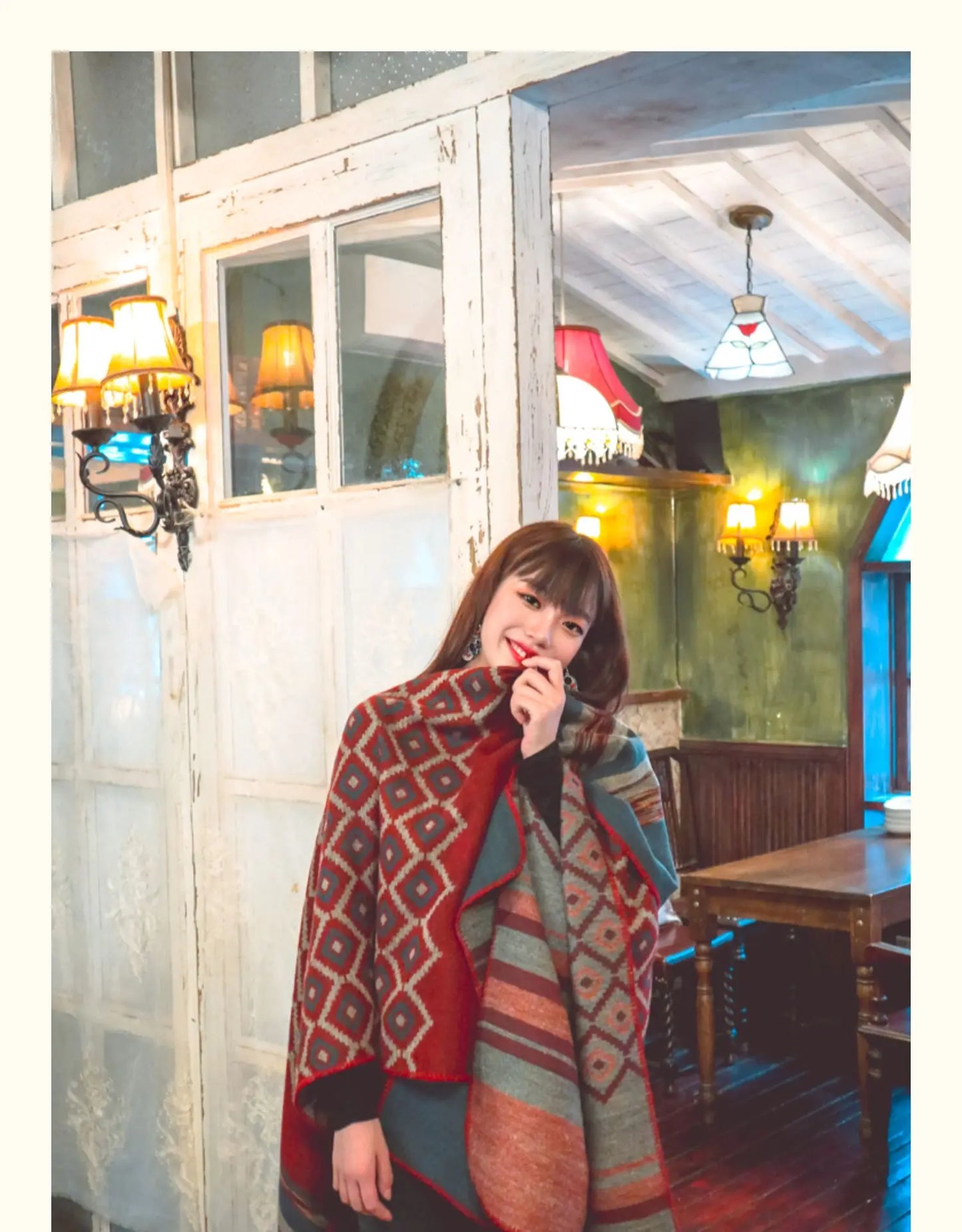 KHALEE YOSE Ethnic Argyle Strapped Cloak Cardigan Vintage Chic Autumn Winter Floral Boho Knited Cape Shawl Poncho Warm Outwear