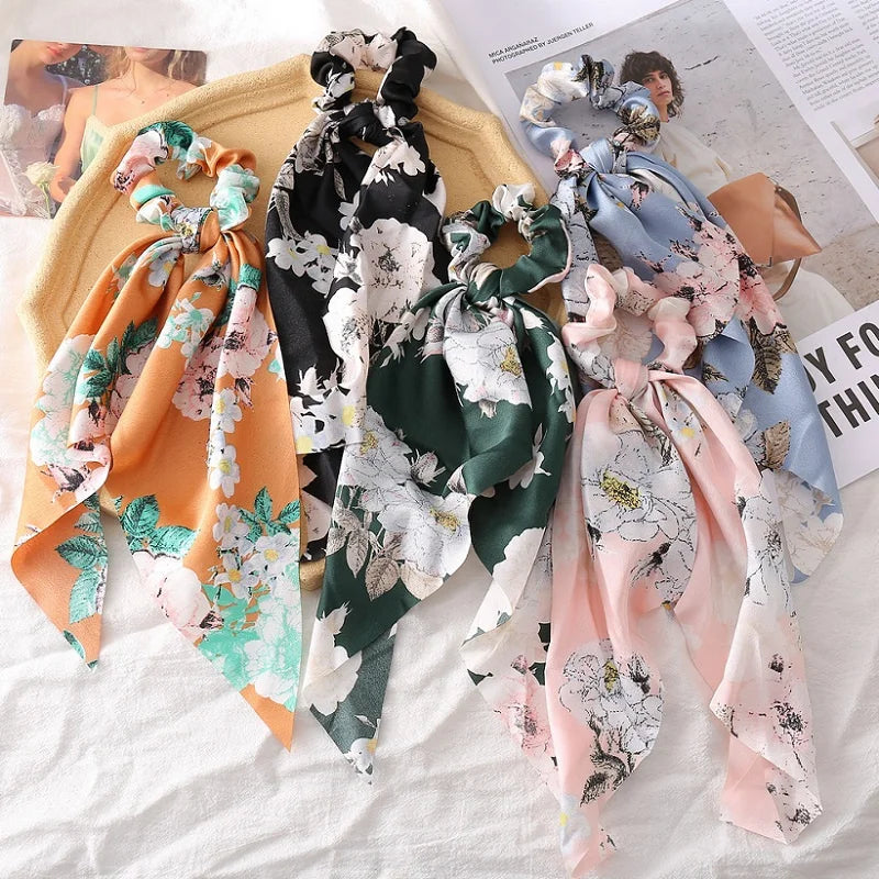 Bohemian Fashion Flower Printed Satin Elastic Long Ribbon Hair Bands Ponytail Scarf Hair Tie Women Scrunchies Hair Accessories