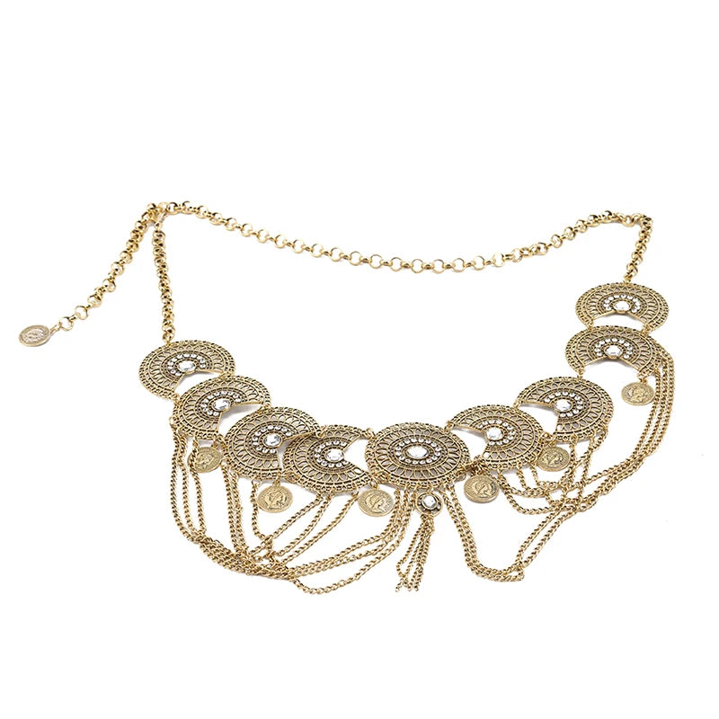 Gypsy Afghan Coin Ethnic Waist Belly Chains Hollow Moon Crystal Flower Long Tassel Moroccan Belts Indian Sexy Body Chain Jewelry