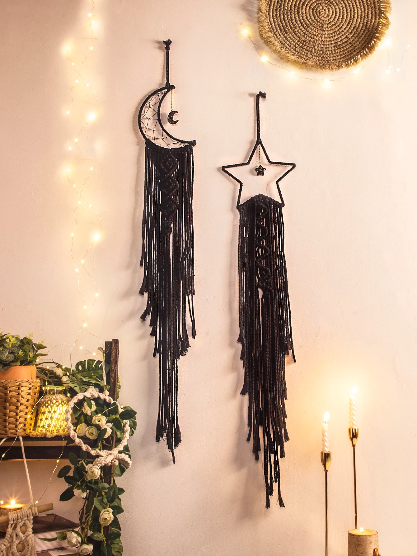 2Pcs Moon Star Macrame Dream Catcher Beige Pink Purple Tapestry Boho Home Decoration Macrame Wall Hanging Christmas Gift Kawaii