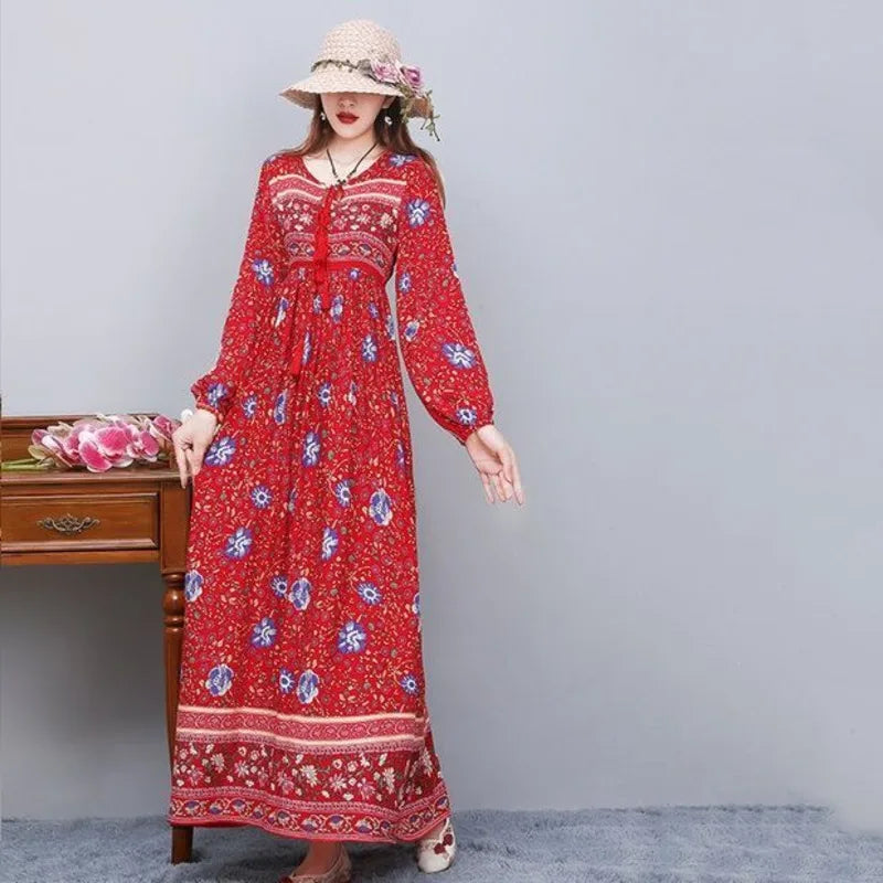 Vintage Women's Beach Skirt Dress Long Sleeve Floral Print Beach Bohemian Straight V-neck Maxi Dress Summer Ladies Dress