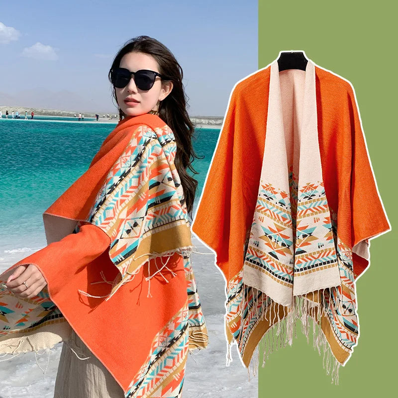 WeHello - Bohemian shawl tie dyed stripe overlay, imitation cashmere cape ethnic style warmth overlay with scarf